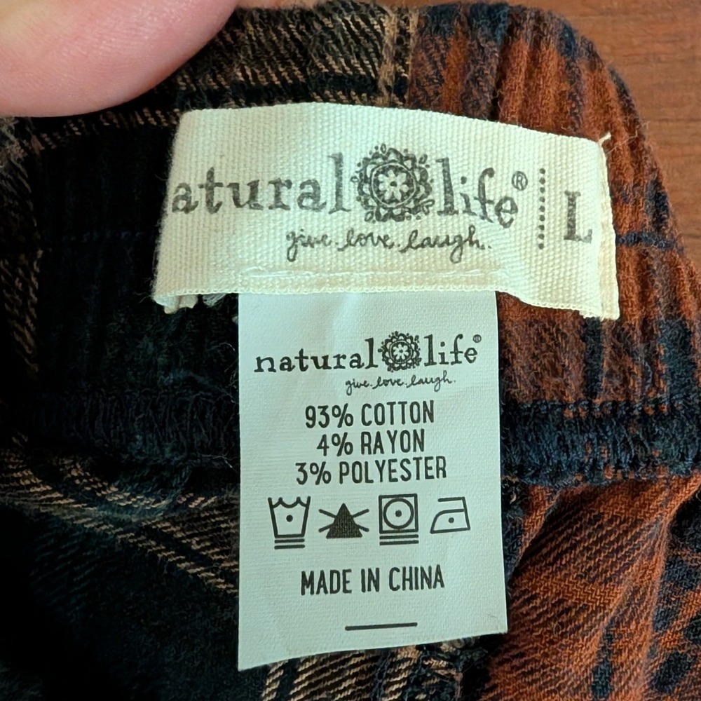 Natural Life Devon Patchwork Plaid Pants Brown Navy Multi Flannel Wide Leg Large - Picture 7 of 7